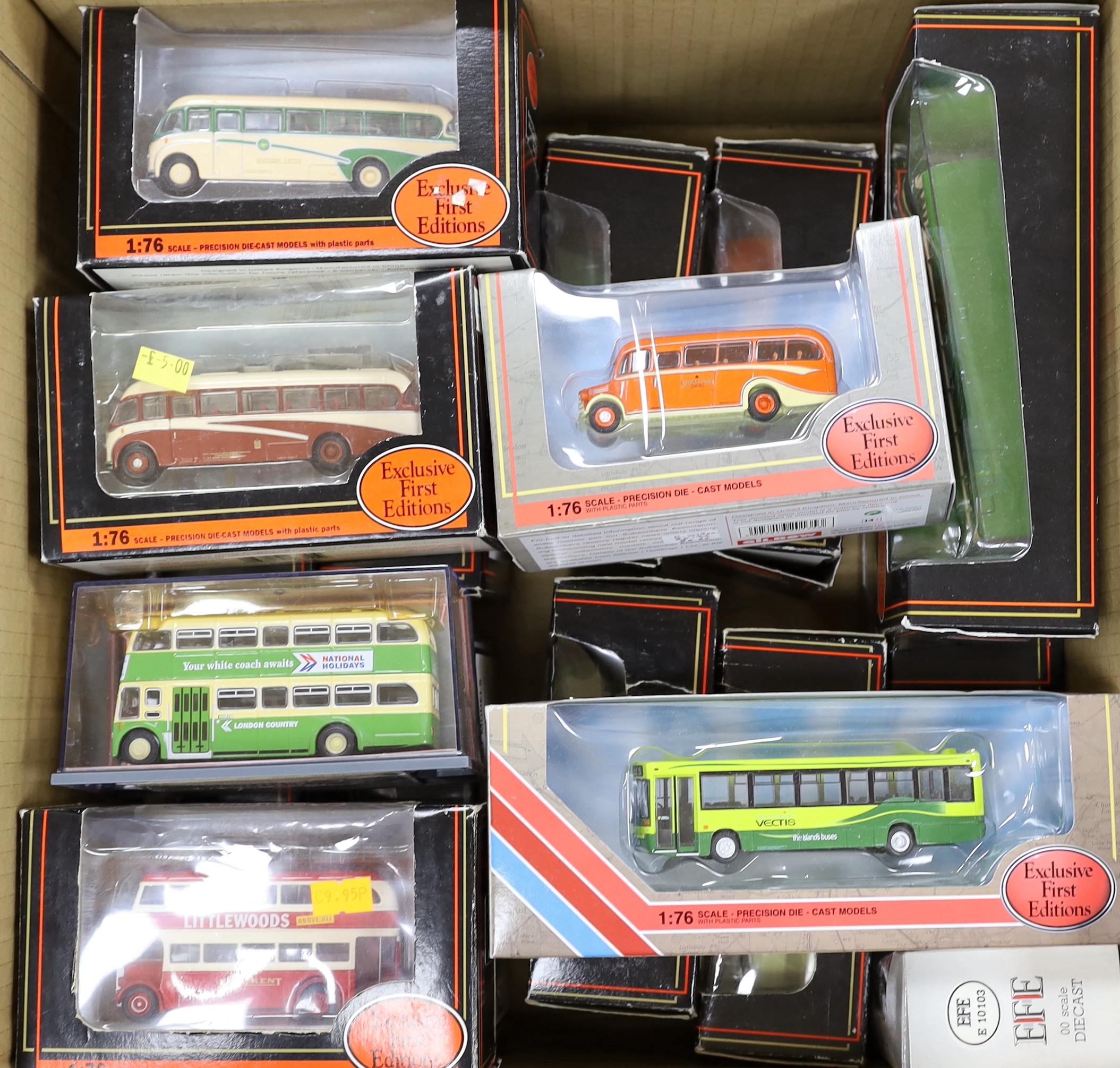 Two boxes of boxed EFE, Corgi OOC and Britbus diecast buses and coaches (33)